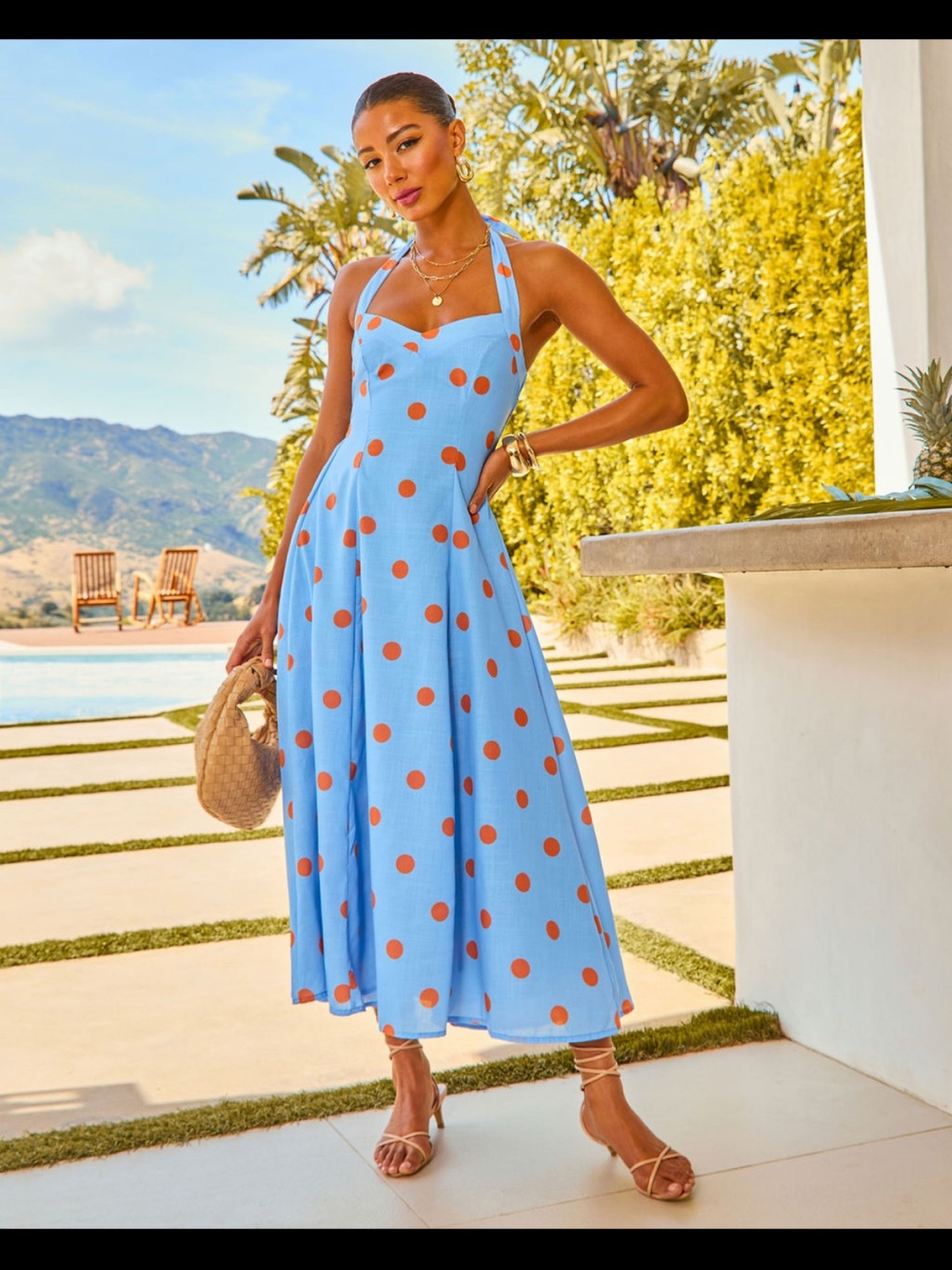 Vici Blue and Orange Polka Dot Halter Maxi Dress